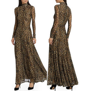Ronny Kobo Ember Mesh Baroque Leopard Print Turtleneck Maxi Dress Brown Small